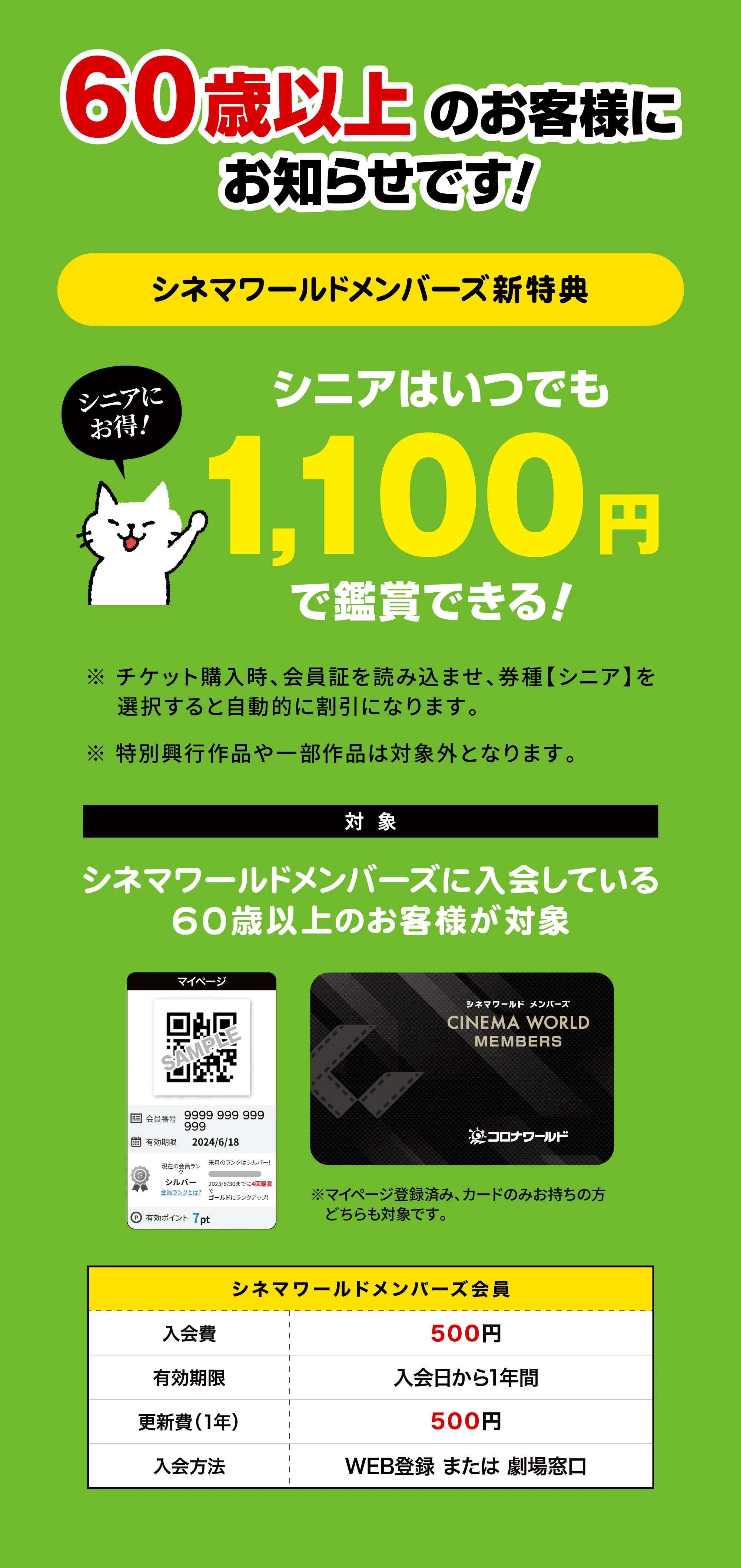 60歳以上のお客様にお知らせです！シニアで会員のお客様はいつでも1,100